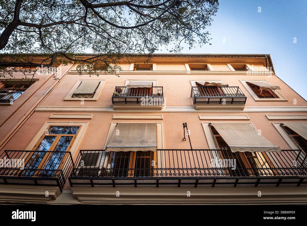 Angolo verso l'alto della facciata di un appartamento di pesca pallida a Valencia Ciutat Vella in Spagna: Balconi in ferro battuto, simbolo di proprietà e proprietà immobiliari in spagna Foto Stock