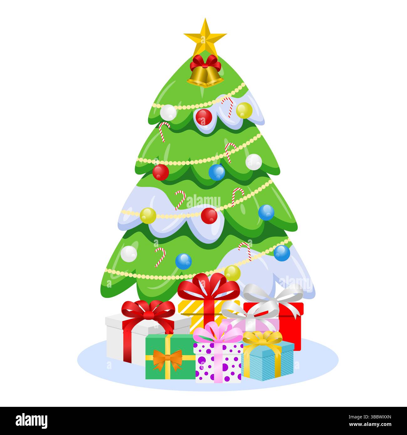Albero di Natale con decorazioni e scatole regalo. Illustrazione Vettoriale