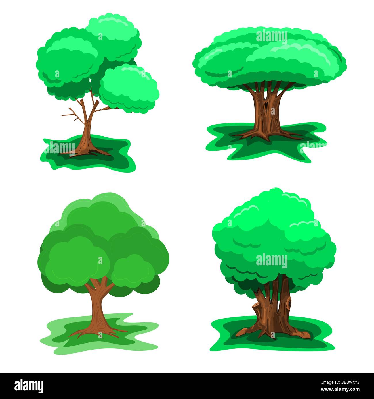 Albero su sfondo bianco con erba verde e ombra. Illustrazione Vettoriale