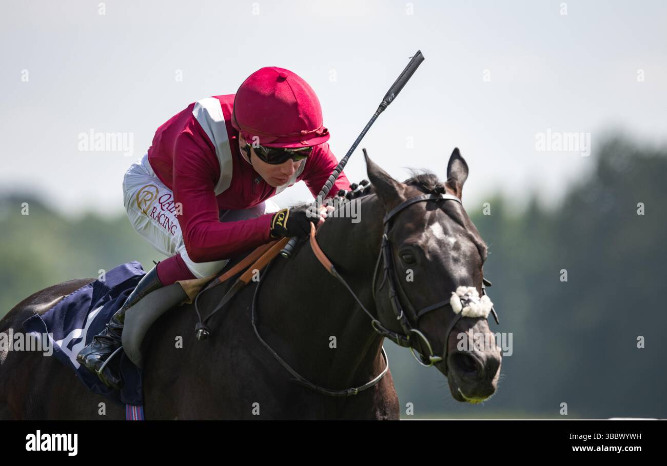 Newbury, Berkshire, sabato 17 maggio 2025; Eydon e il fantino Oisin Murphy vincono la Sky Sports Racing Aston Park Stakes (gruppo 3) per l'allenatore Andrew Balding e il proprietario Prince A Faisal. Crediti JTW equine Images / Alamy Live News. Foto Stock