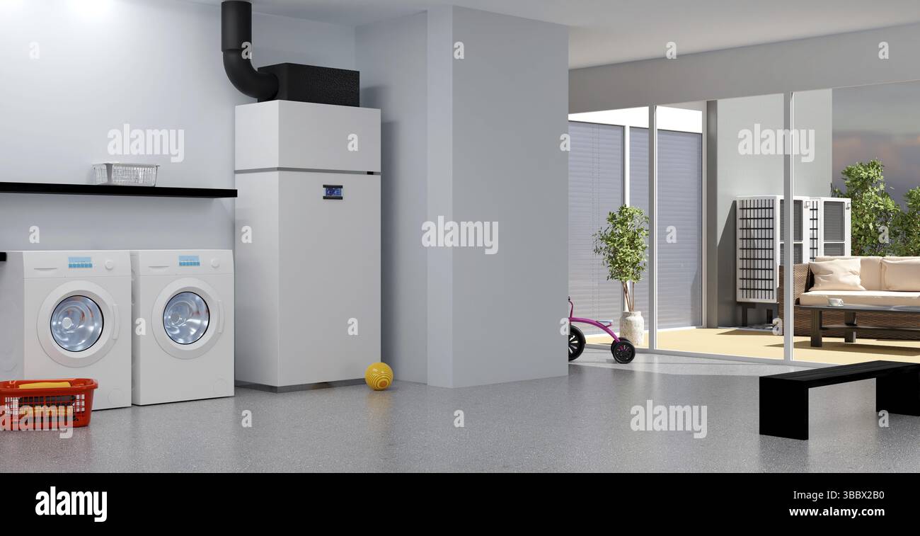 Un moderno sistema di riscaldamento a pompa di calore aria-acqua per famiglie private, illustrazione 3D Foto Stock