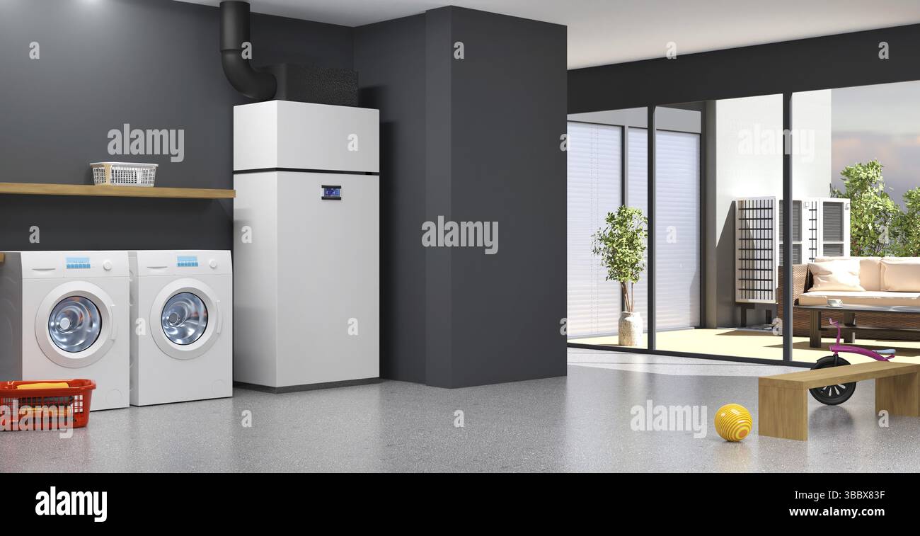 Un moderno sistema di riscaldamento a pompa di calore aria-acqua per famiglie private, illustrazione 3D Foto Stock