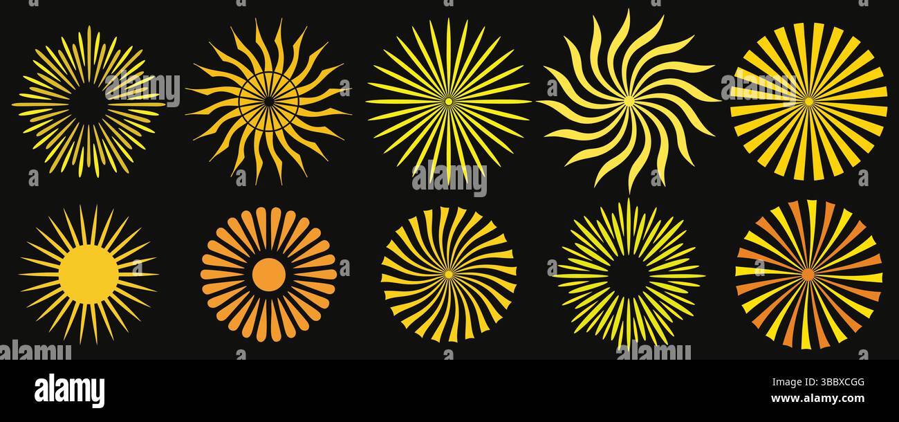 Set di elementi di progettazione Sunburst e radiali Illustrazione Vettoriale