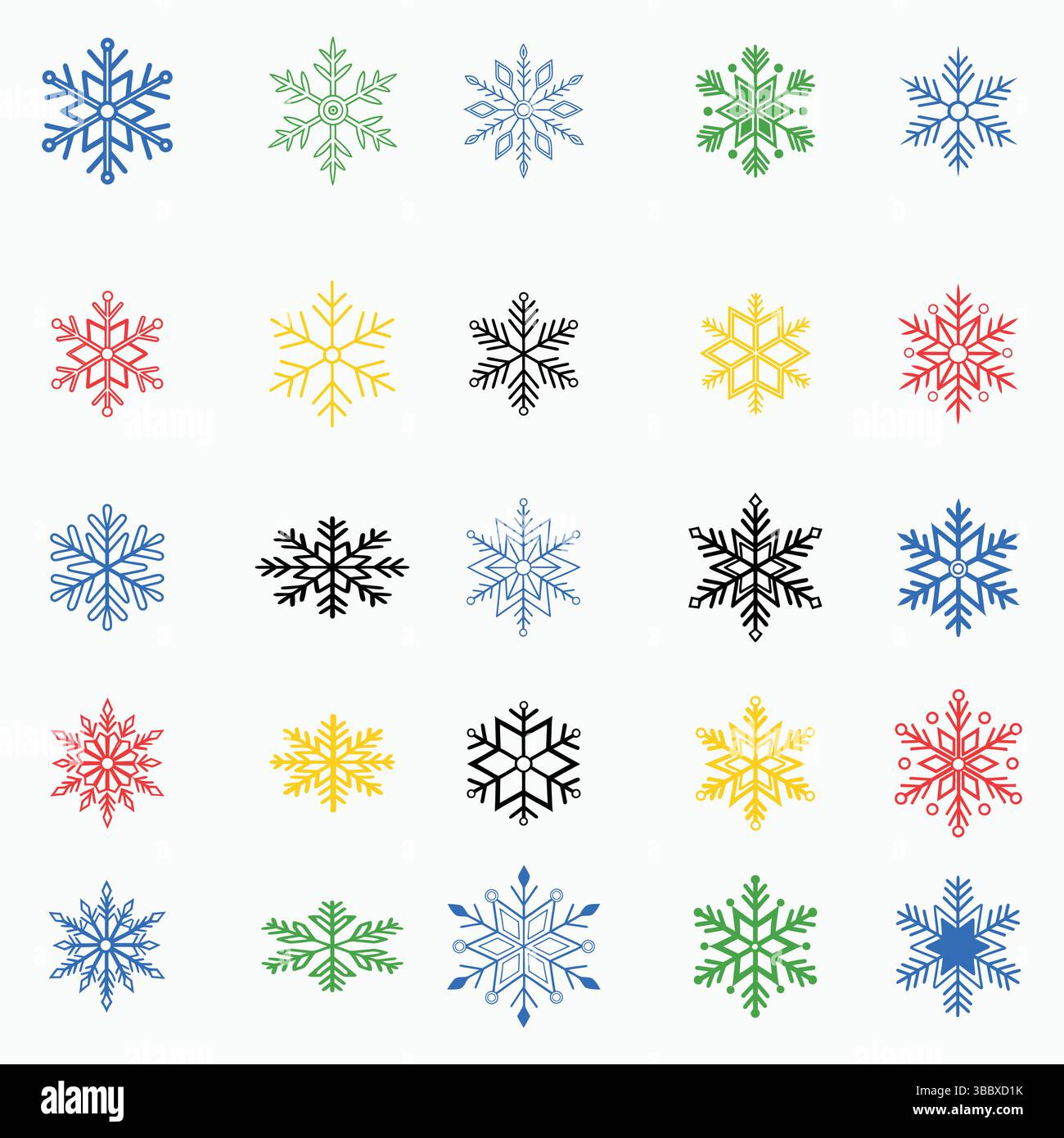 Collezione di icone colorate del fiocco di neve, set vettoriale per l'inverno Illustrazione Vettoriale