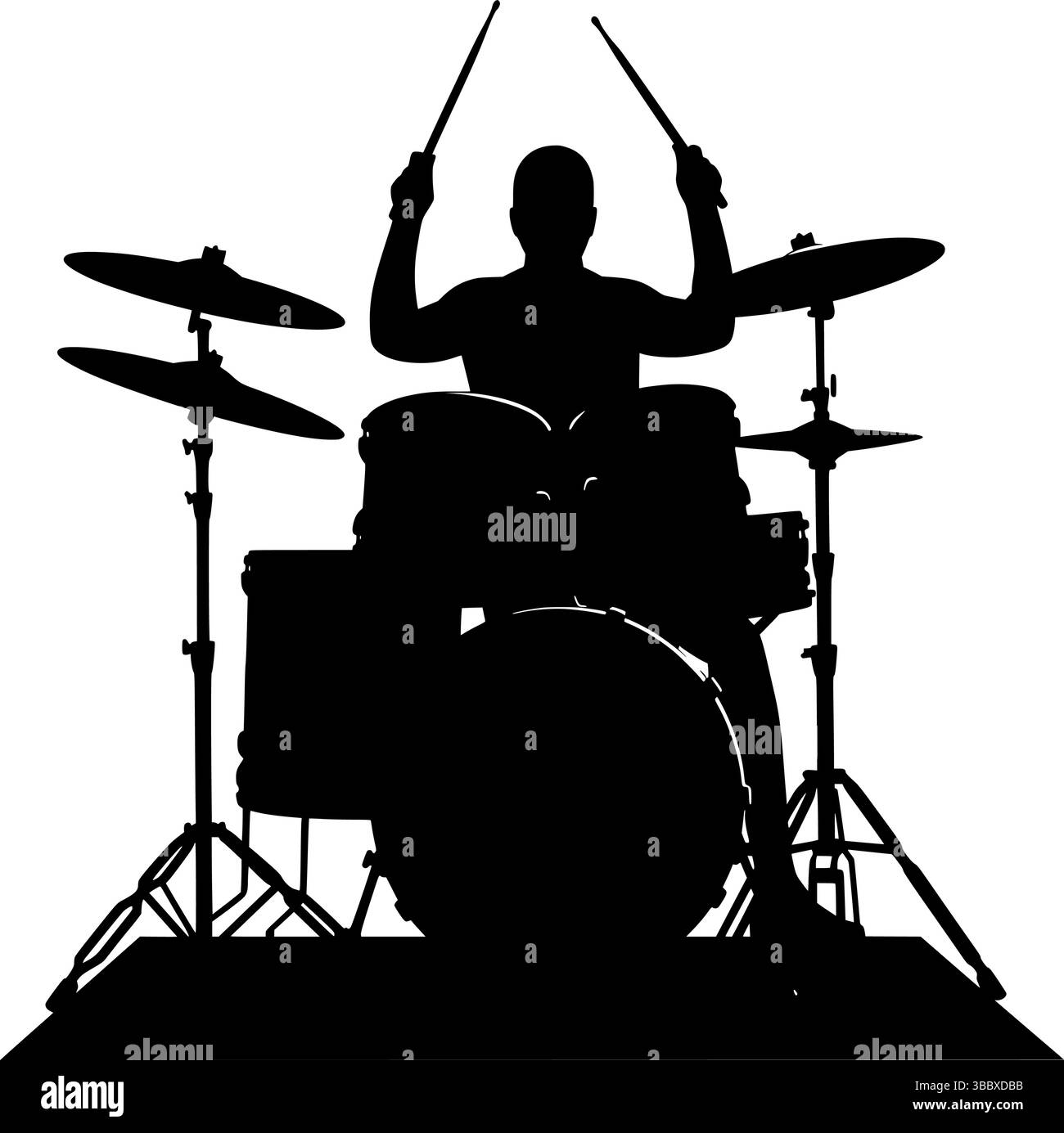 Spettacolare silhouette a percussione che si esibisce sul palco con retroilluminazione. Silhouette epica: Batterista in movimento sulle luci di scena. Illustrazione Vettoriale