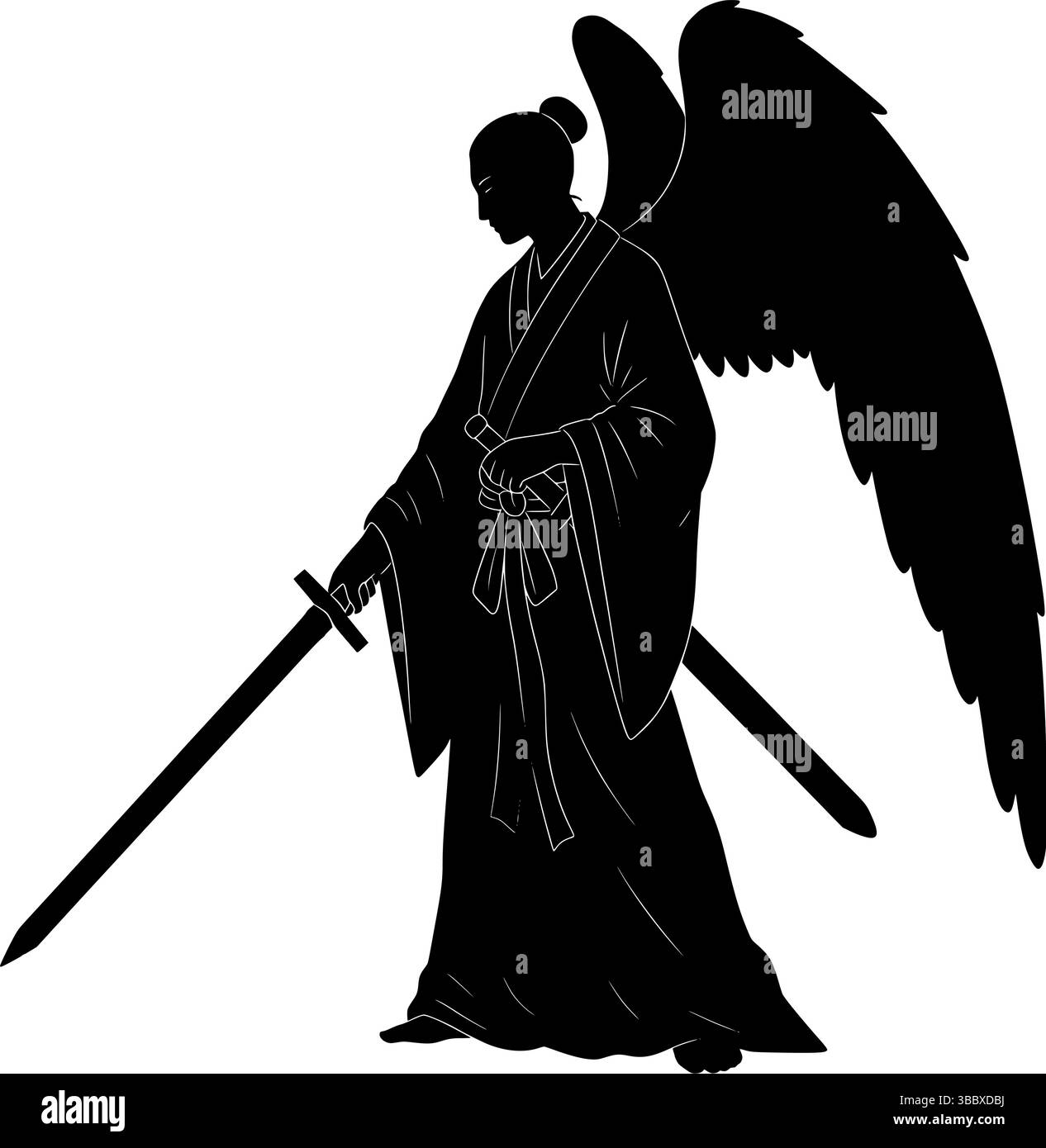 Silhouette dell'Angelo Samurai con Spada e Ali - Warrior Spirit Art" Illustrazione Vettoriale
