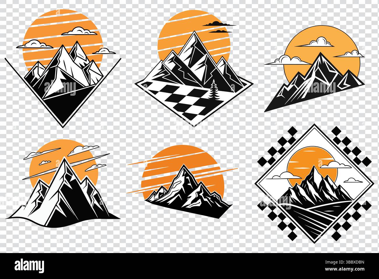 Collezione di loghi della catena montuosa e del tramonto per l'esterno e i viaggi. Illustrazione Vettoriale