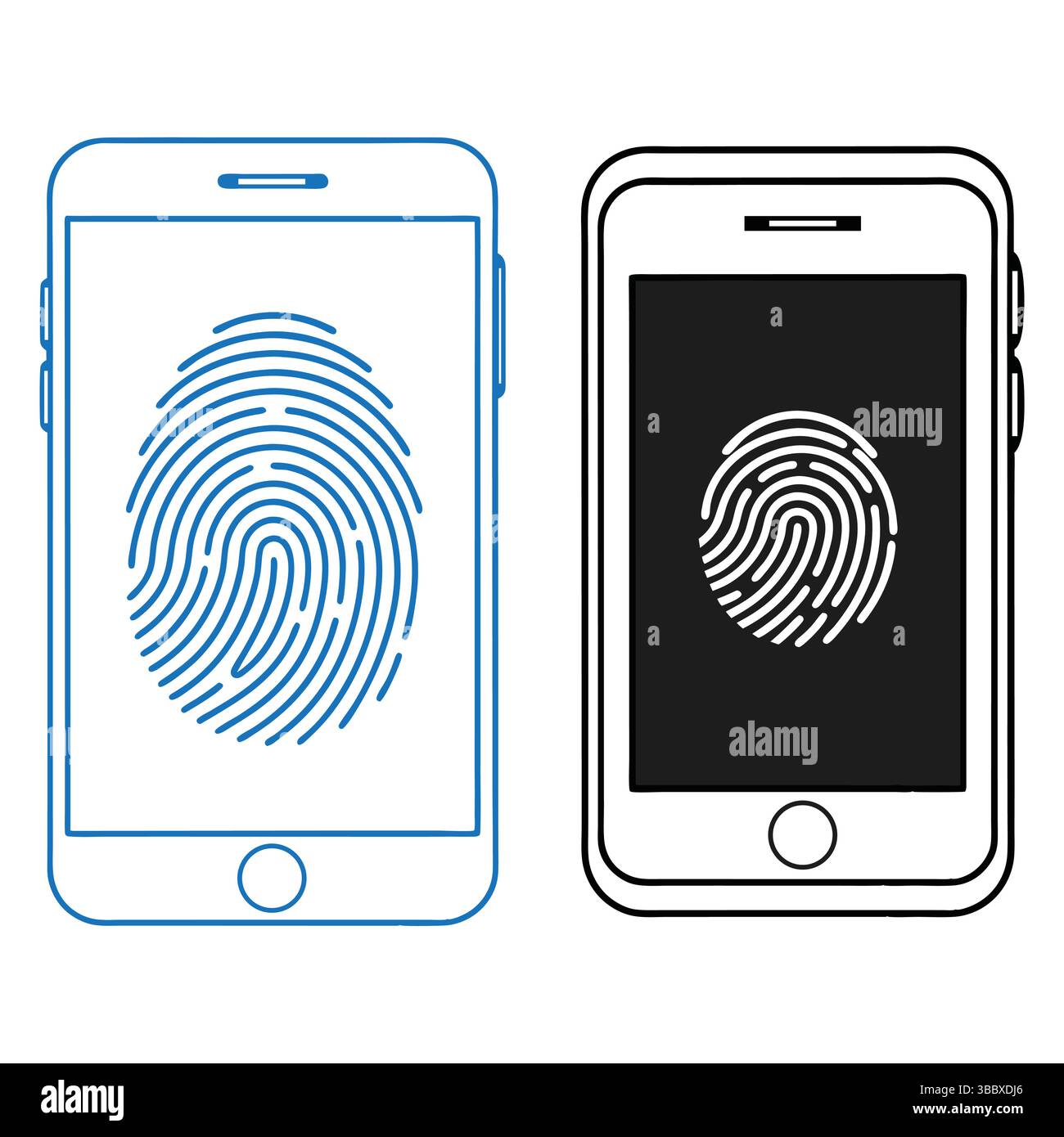 Concetto di sicurezza dello smartphone con ID impronta digitale, set di due telefoni con profilo. Illustrazione Vettoriale