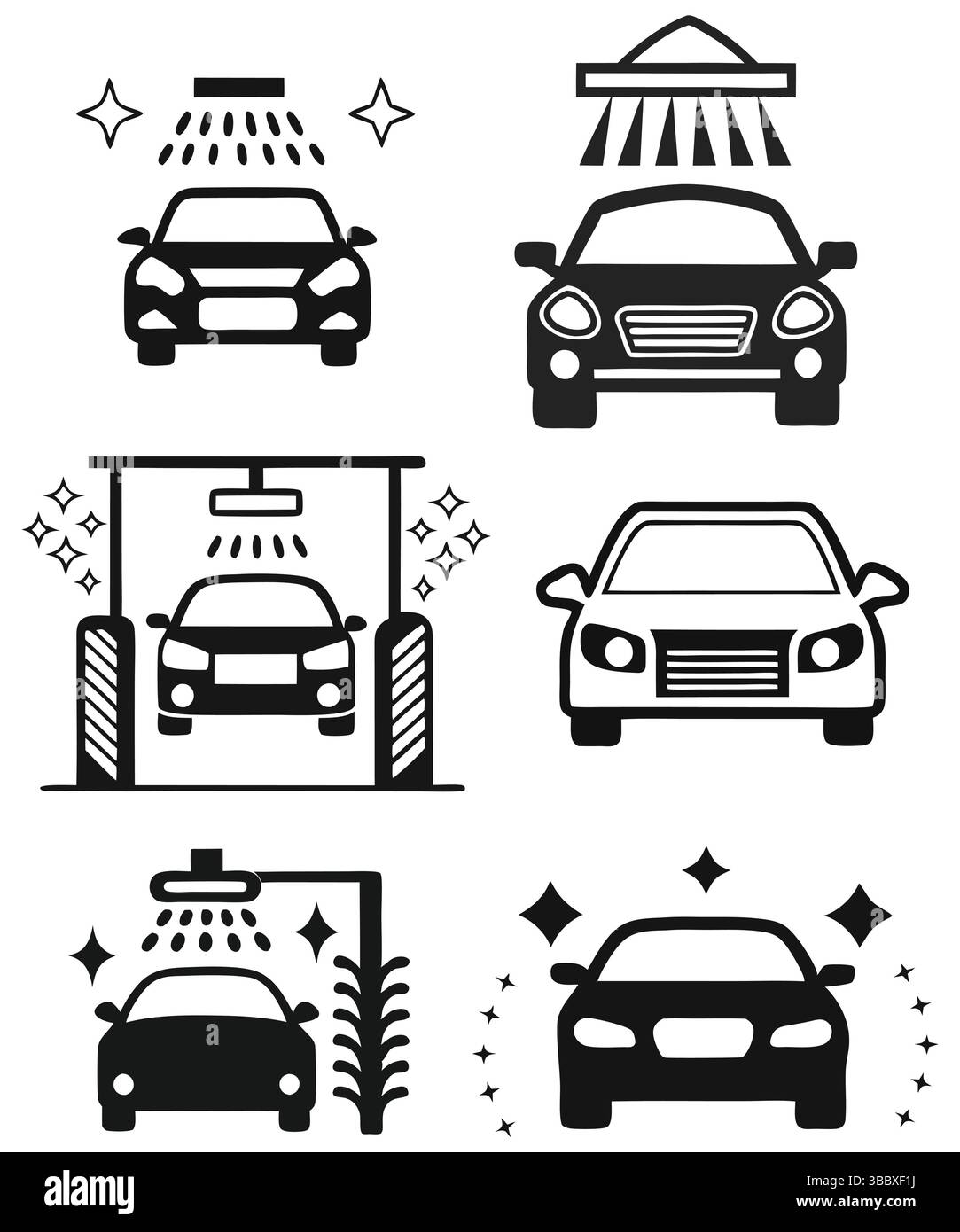 Set icone autolavaggio. Simboli vettoriali in bianco e nero per i servizi di pulizia e dettaglio automatico. Include lavaggio automatico, lavaggio a pressione e sagoma dell'auto Illustrazione Vettoriale