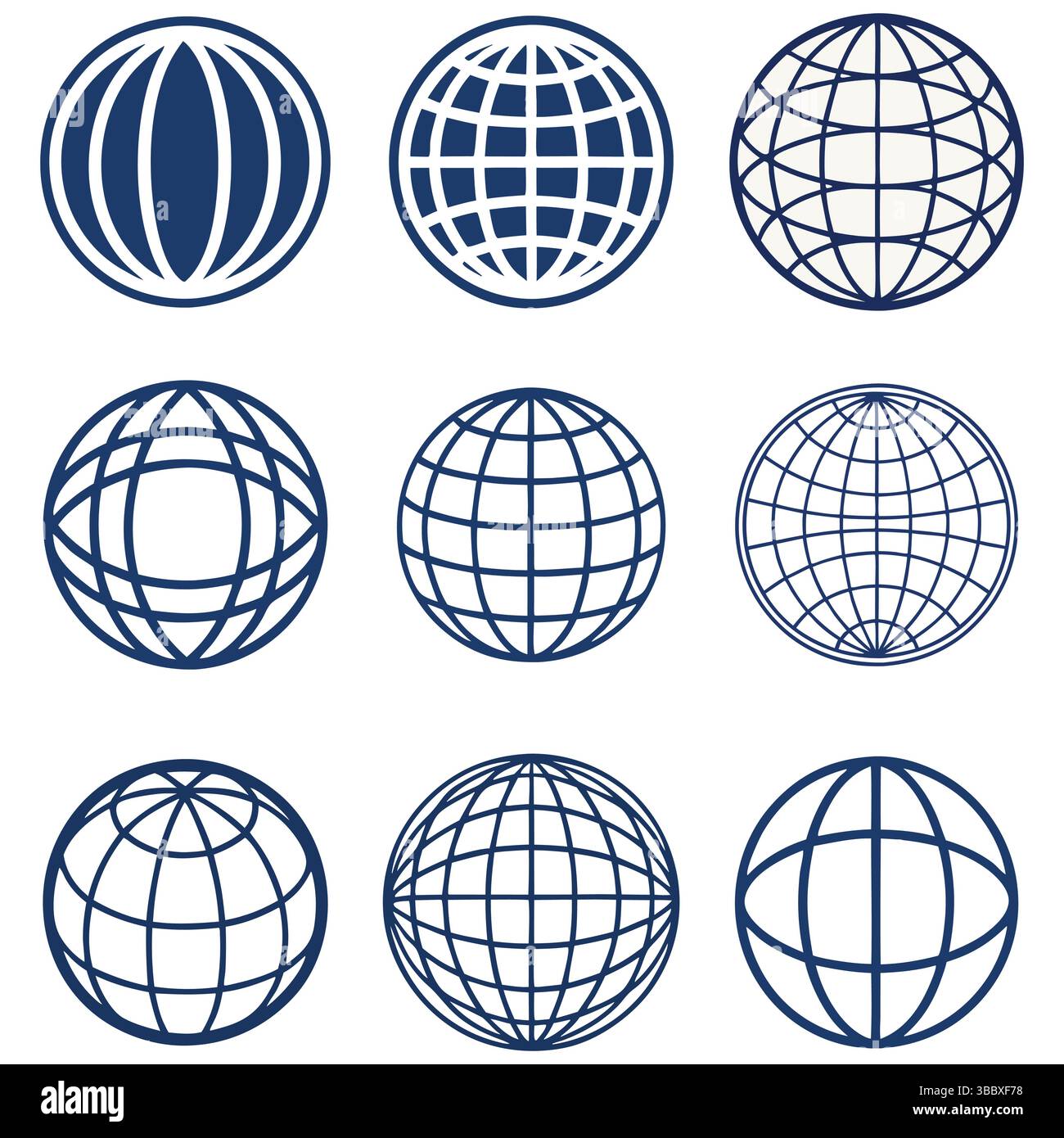 Collezione di nove semplici icone del globo stilizzate. Simboli vettoriali della linea blu del mondo, della terra e della griglia globale. Set di icone grafiche isolate per il Web, Illustrazione Vettoriale