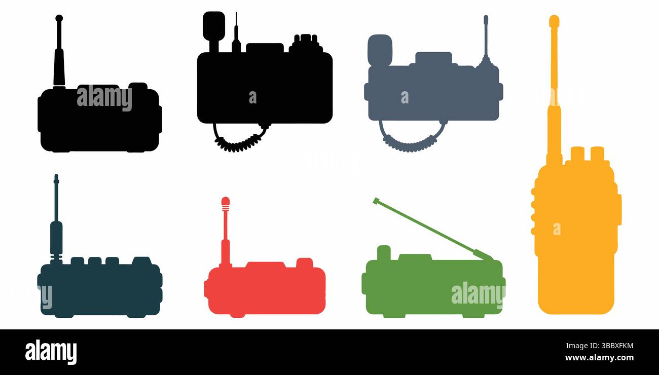 Sagome colorate di ricetrasmettitori radio e walkie talkie per la comunicazione Illustrazione Vettoriale