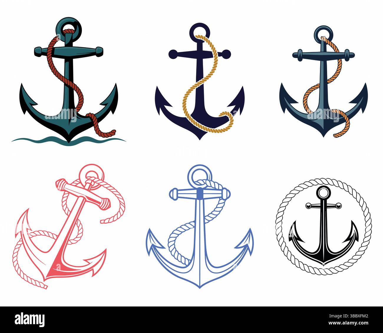 Set di sei illustrazioni di ancore nautiche con corda in vari colori e stili Illustrazione Vettoriale