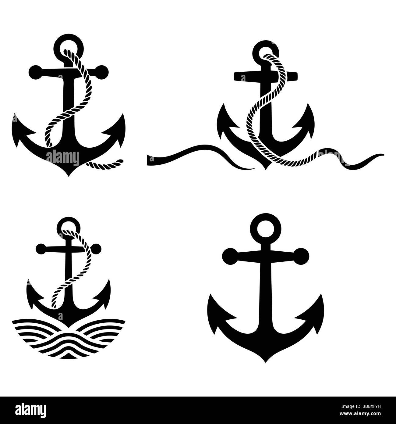 Set di illustrazioni vettoriali di ancoraggi nautici in bianco e nero per progetti di progettazione Illustrazione Vettoriale