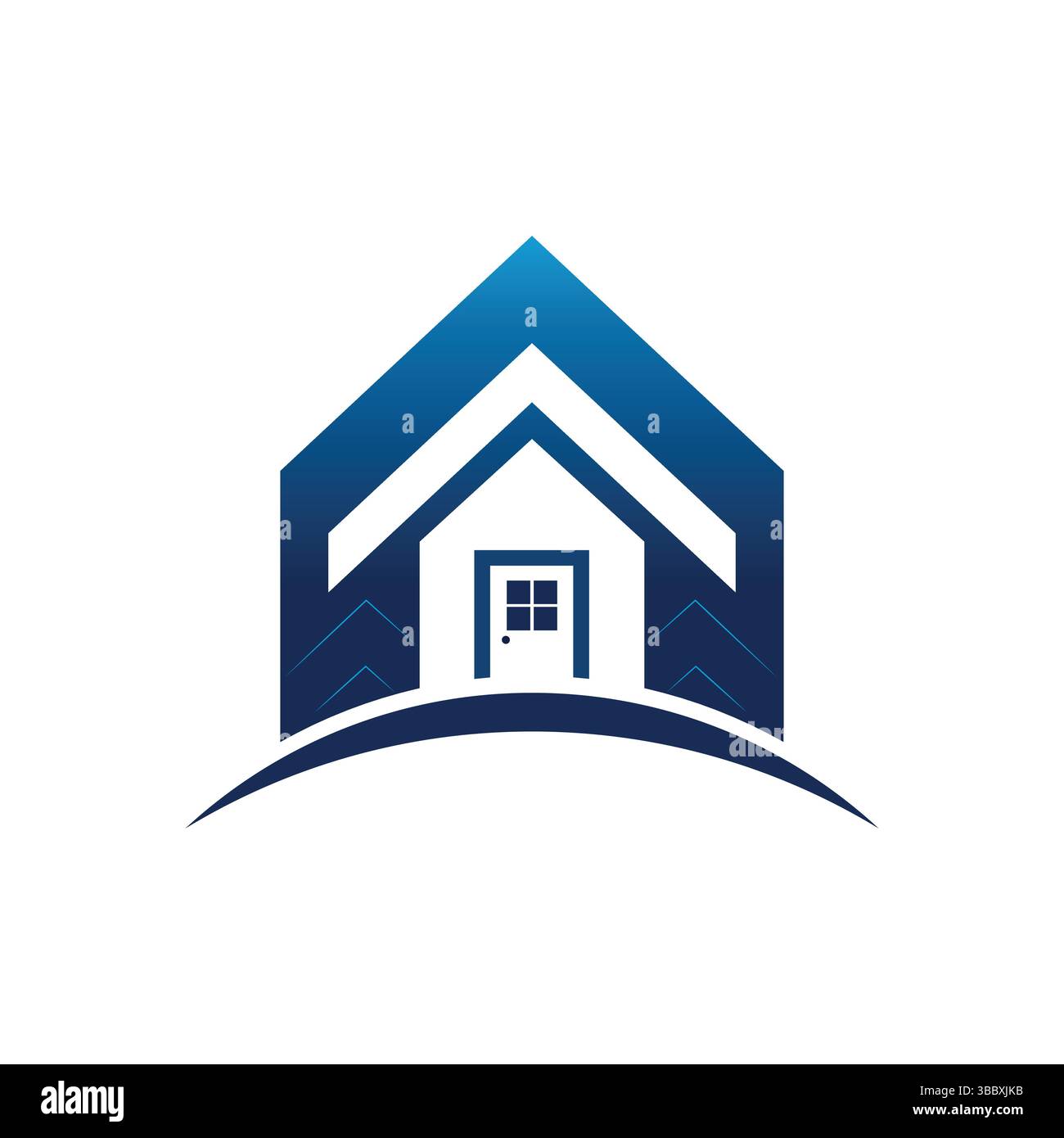 Moderno logo blu della casa con base curva, grafica vettoriale, icona immobiliare, design minimalista, simbolo della casa, stile architettonico Illustrazione Vettoriale