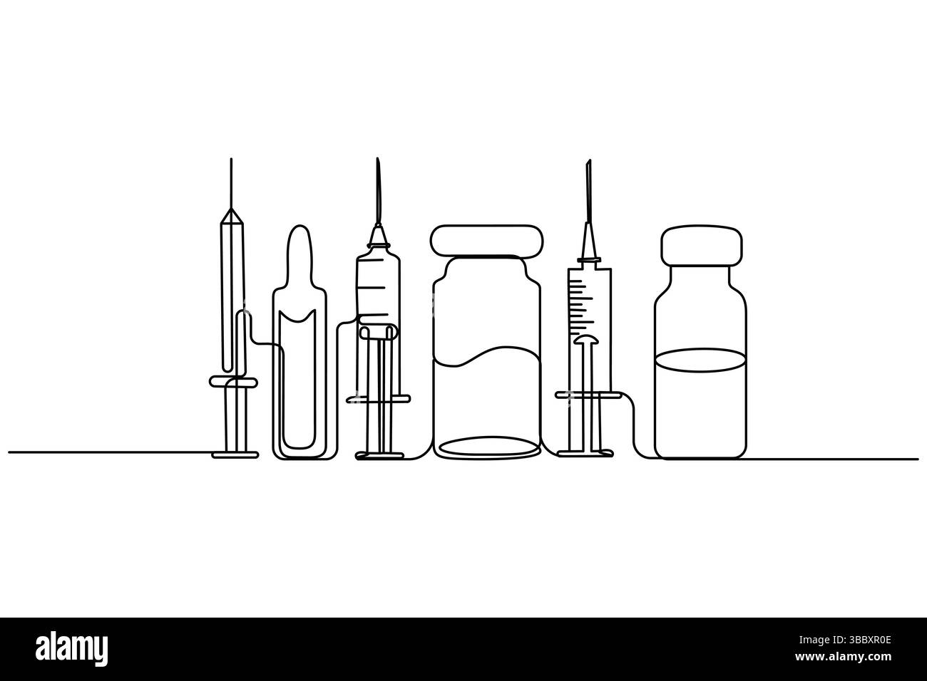 Vaccino e siringa disegno grafico continuo a una linea e icona vaccino semplice illustrazione vettoriale Illustrazione Vettoriale