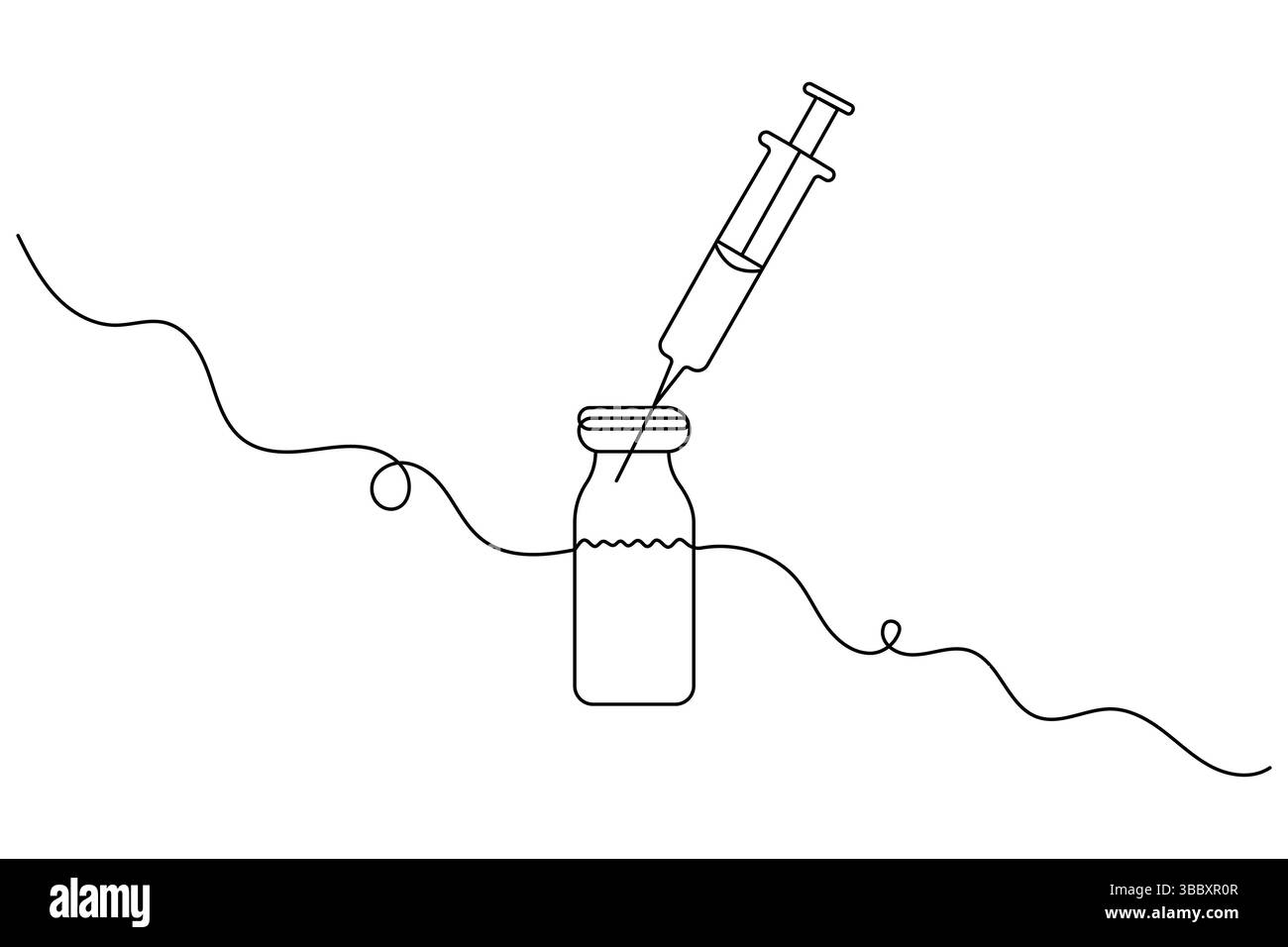 Vaccino e siringa disegno grafico continuo a una linea e icona vaccino semplice illustrazione vettoriale Illustrazione Vettoriale