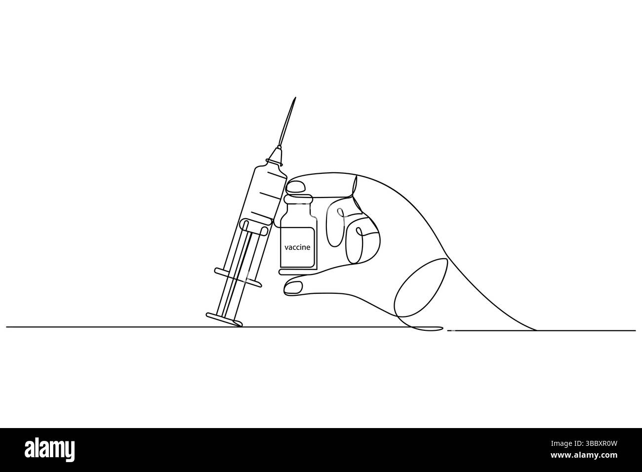Vaccino e siringa disegno grafico continuo a una linea e icona vaccino semplice illustrazione vettoriale Illustrazione Vettoriale