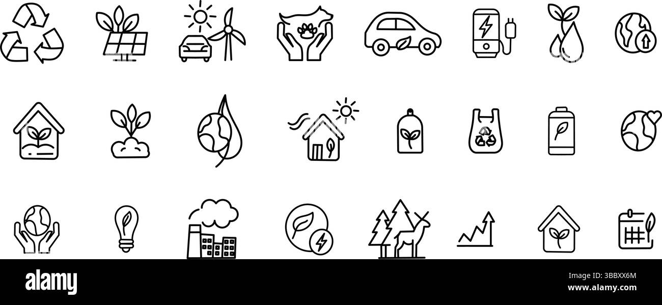 Set icone linea ECO. Illustrazione vettoriale nello stile moderno delle icone relative all'ambiente: Rinnovabile, energia verde e altro ancora. Illustrazione Vettoriale