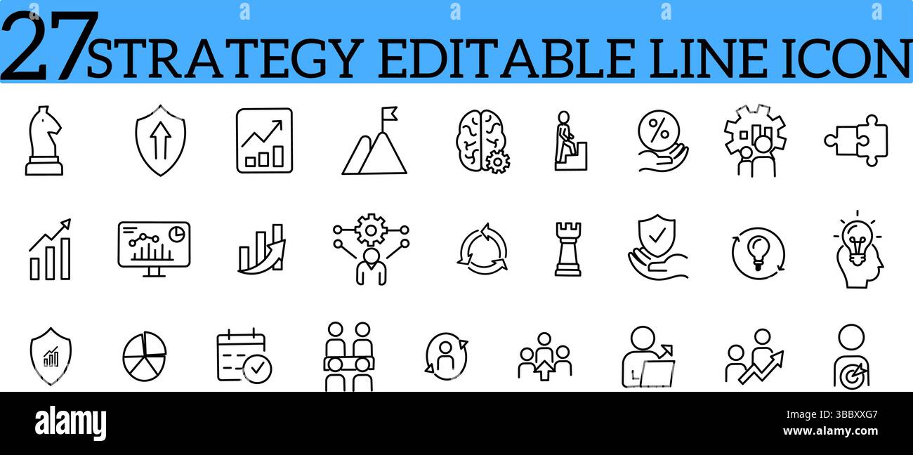 Set di icone modificabili della riga di strategia. Illustrazione vettoriale nello stile moderno delle icone correlate alla strategia: Obiettivo strategico, lavoro di squadra, successo, crescita e altro ancora. Pittogrammi e infografiche Illustrazione Vettoriale