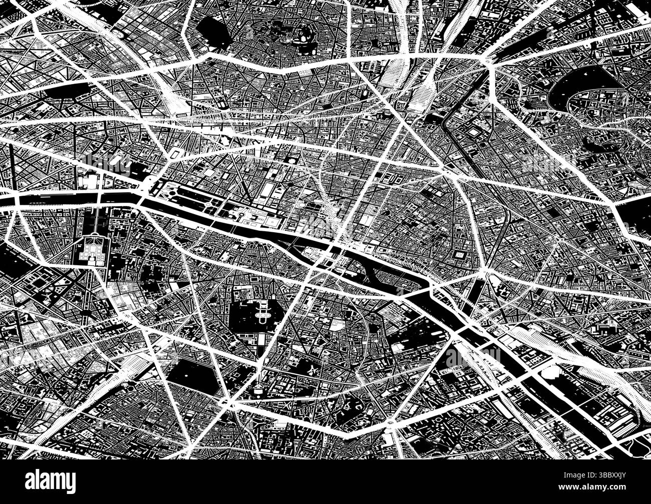 Mappa vettoriale della città di Parigi, Francia – strade e edifici in bianco e nero Illustrazione Vettoriale