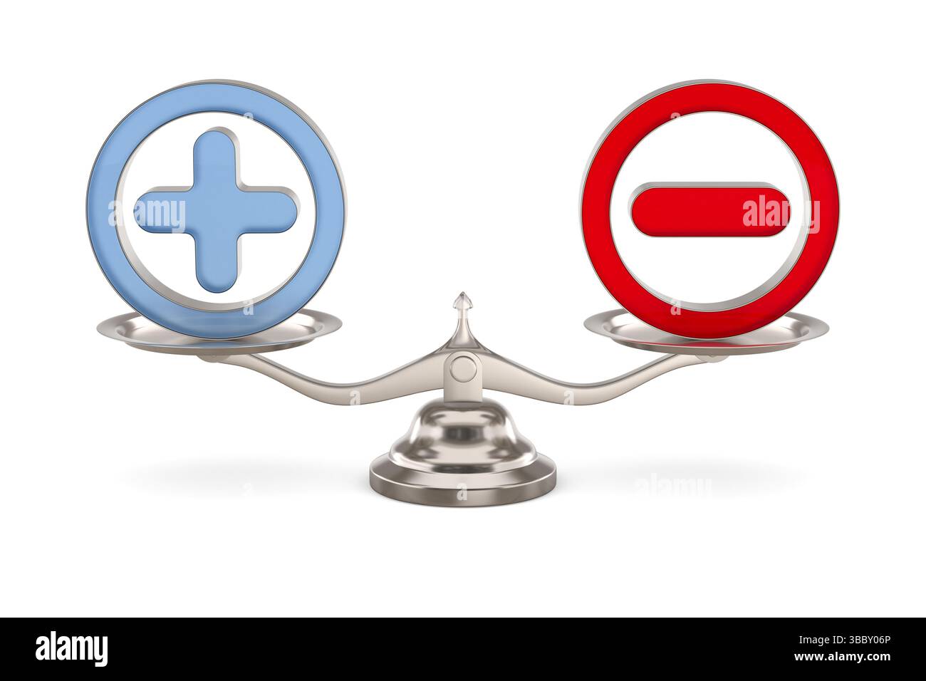 Scala con i simboli più e meno su sfondo bianco. Illustrazione 3D isolata Foto Stock