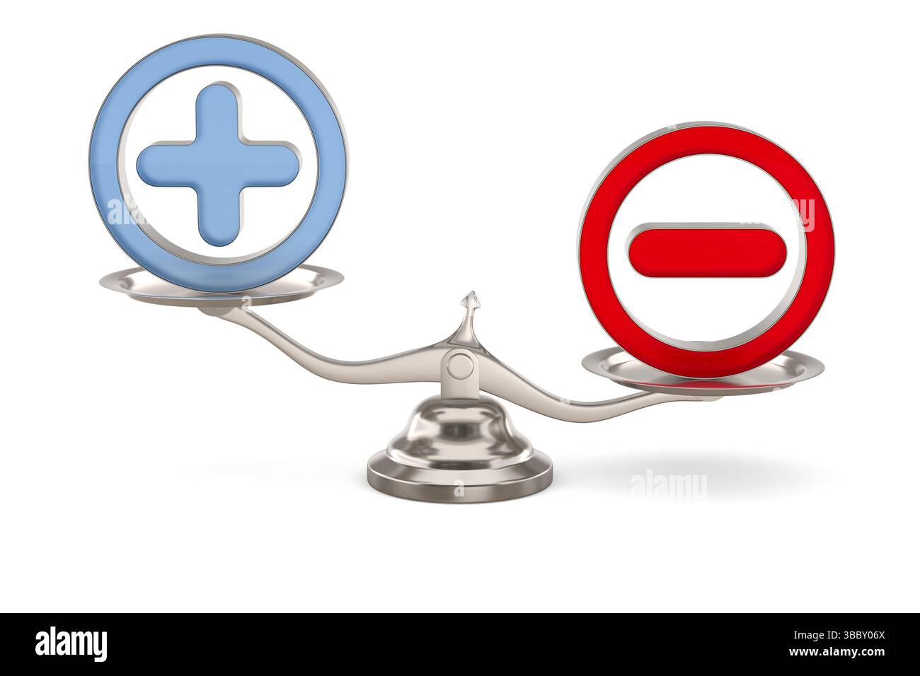 Scala con i simboli più e meno su sfondo bianco. Illustrazione 3D isolata Foto Stock