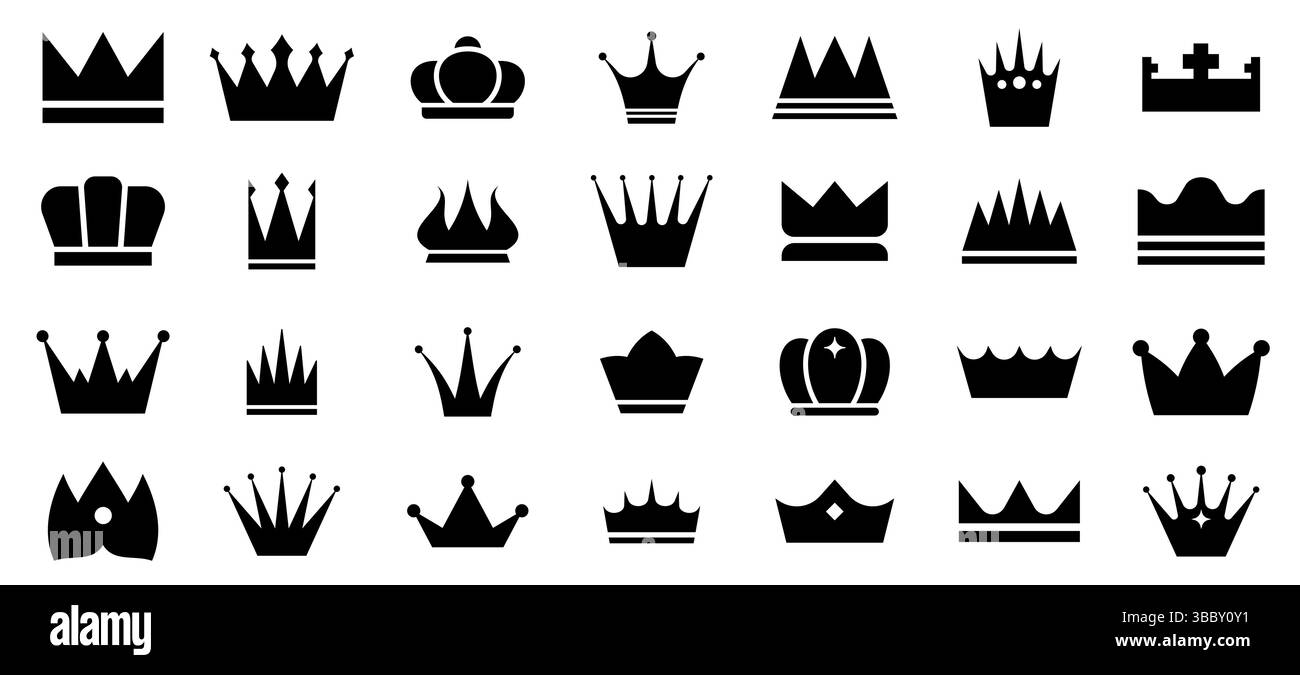 Icona della corona. Il re reale regina principe incorona le silhouette, i simboli autorità coronati, gli elementi minimali di lusso imperiali a forma di doodle per il logo. Vettore Illustrazione Vettoriale