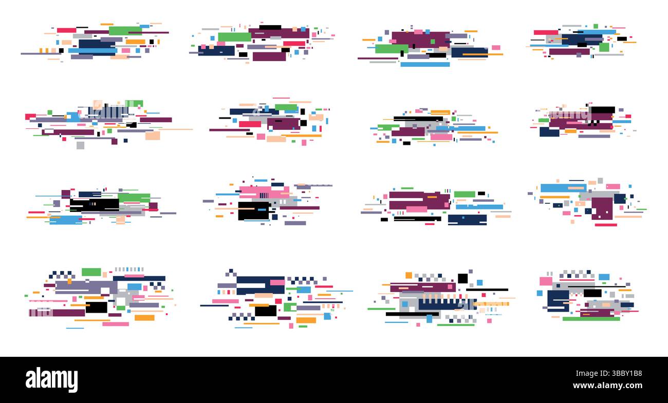 Effetto glitch TV. Disturbo dei pixel video digitali e texture degli errori, distorsione glitch dello schermo VHS degli anni '80 con sfarfallio statico e linee pixellate Illustrazione Vettoriale