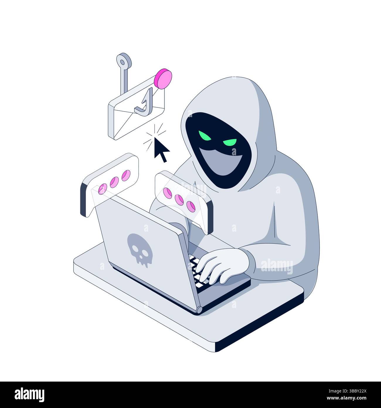 Truffatore è seduto al suo portatile. La lettera è agganciata. Illustrazione isometrica. Gli attacchi di phishing ingannano gli utenti con messaggi e-mail falsi. L'hacker usa ba Illustrazione Vettoriale