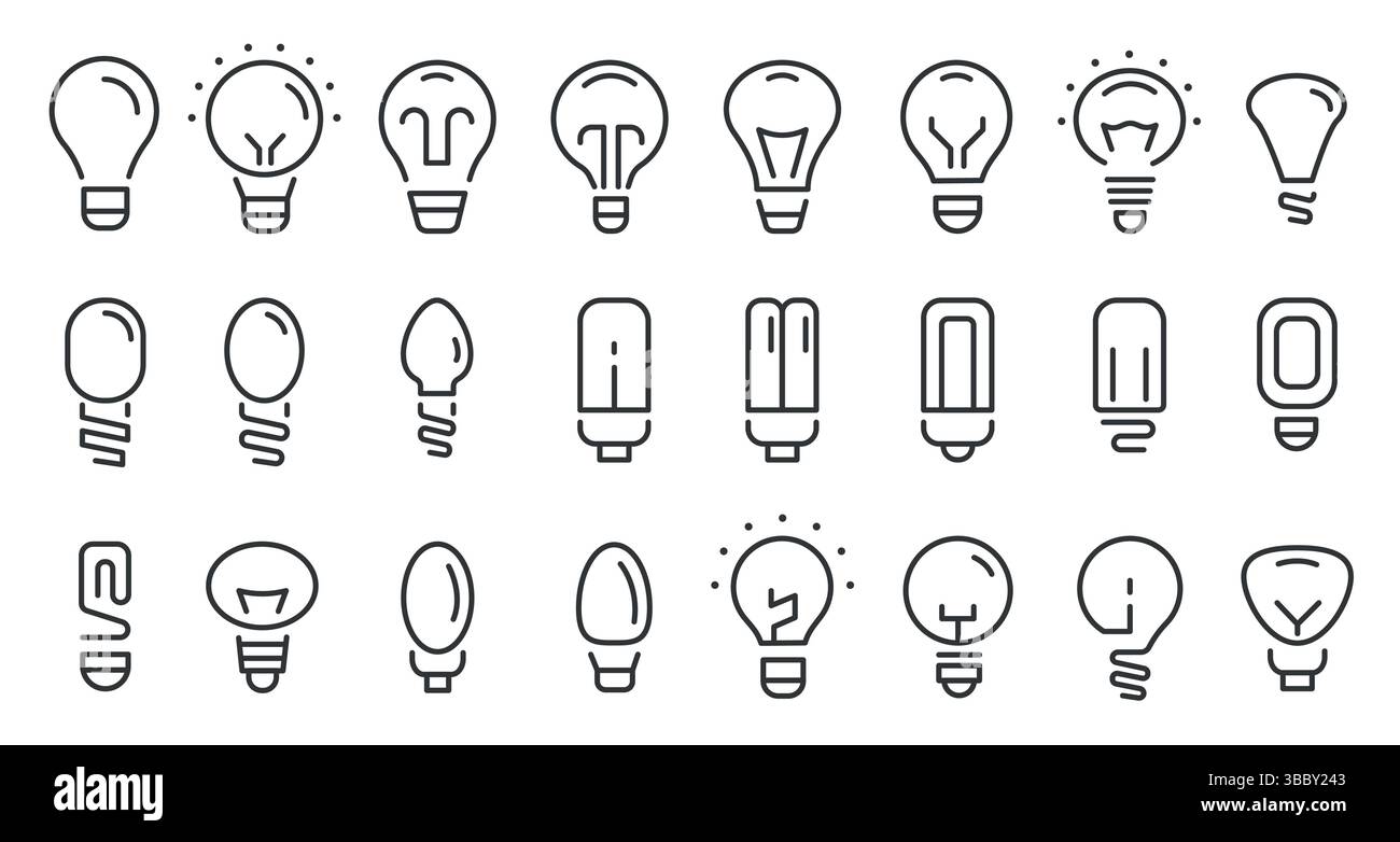 Icone di linea delle lampadine. Lampadine a energia elettrica, energia elettrica minimalista o idee creative delineano segni, innovazione invenzione, lampada illuminante Illustrazione Vettoriale