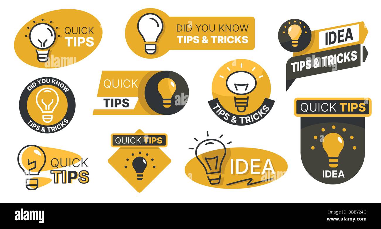 Logo della lampadina. Consiglio rapido e sapevi che badge, idee creative e etichette di conoscenza con lampadine, domande interessanti e curiosità Illustrazione Vettoriale