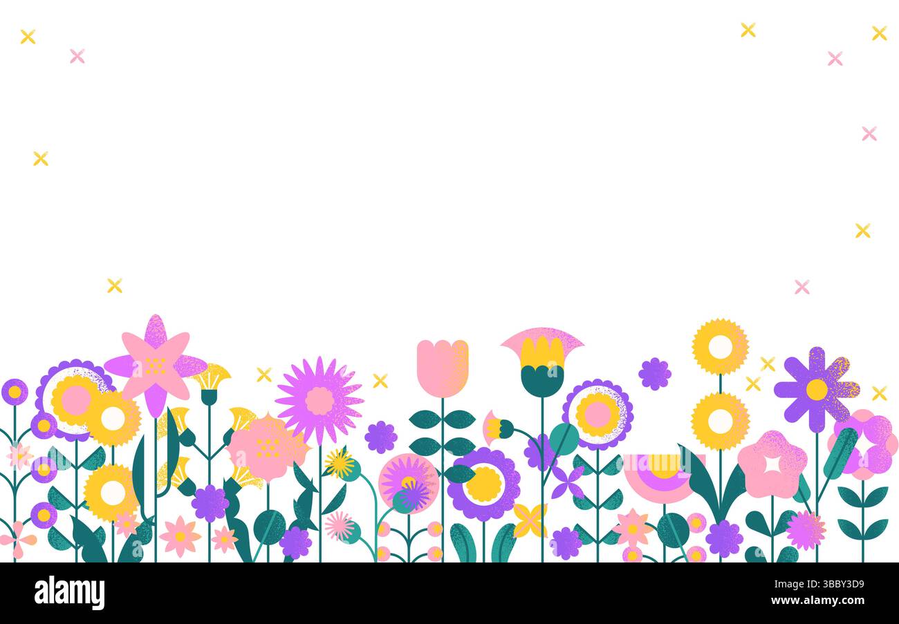 Sfondo bordo campo fiore. Striscione geometrico floreale da giardino estivo primaverile con piante in fiore, fiori semplici astratti che fioriscono un saluto decorativo Illustrazione Vettoriale