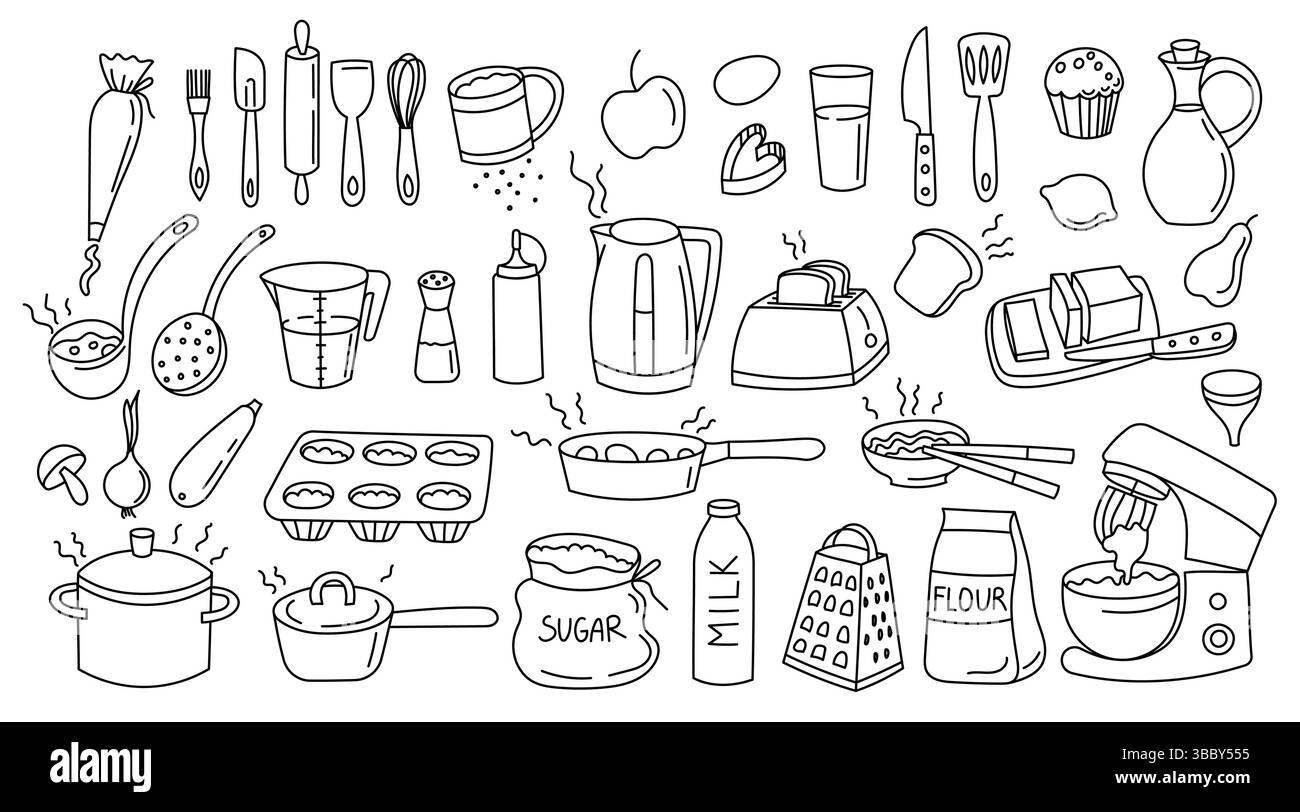 Icone della cucina Doodle. Utensili da cucina schizzo, contorno disegnato a mano pentola teglia spatola coltello forchetta mattarello tagliere utensili da cucina. Cuoco vettoriale Illustrazione Vettoriale