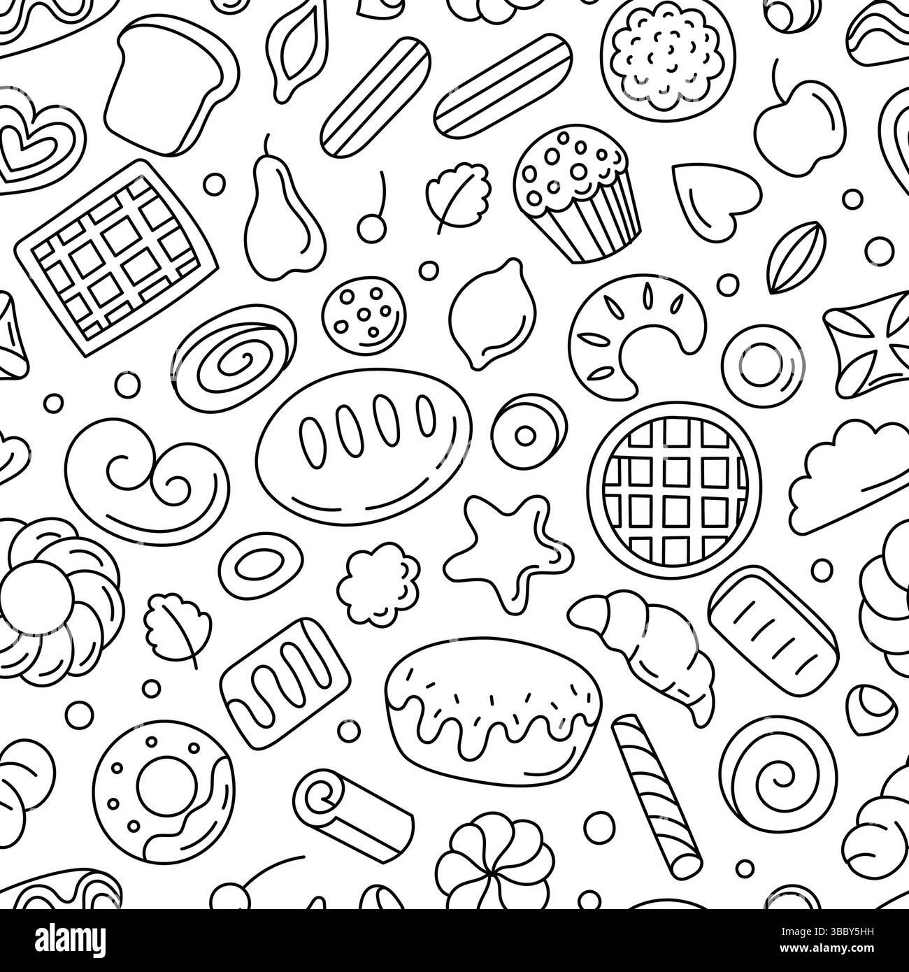 Schema di cottura dei doodle. Stampa senza cuciture con prodotti da forno e da cucina disegnati a mano, pasticceria e dessert. Consistenza vettoriale degli alimenti per il confezionamento Illustrazione Vettoriale