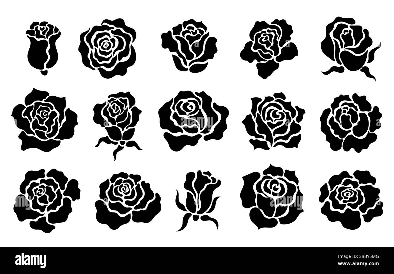 Icona silhouette rosa. Elementi decorativi floreali neri, boccioli di fiori con timbro semplice, rose astratte francobolli botanici per logo. Tatuaggio floreale vettoriale Illustrazione Vettoriale