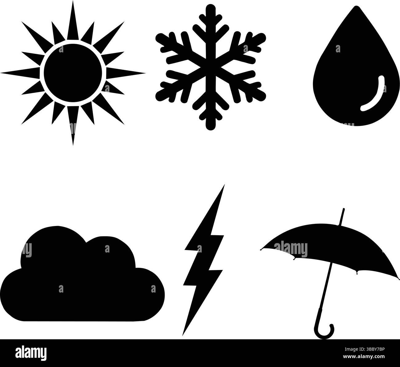 Silhouette di sei icone meteorologiche che rappresentano il sole, la neve, la pioggia, il nuvoloso, la tempesta, e condizioni di protezione dalla pioggia Illustrazione Vettoriale