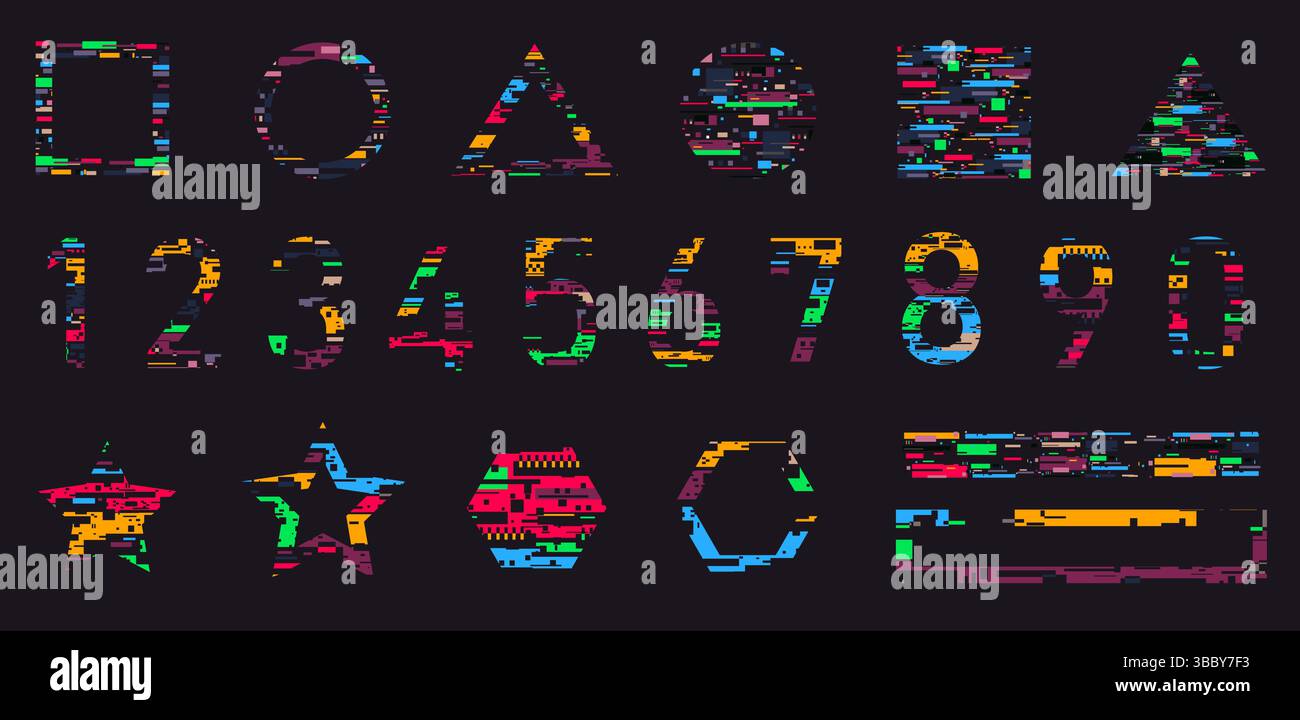 Forme di disturbo. Errore pixel digitale texture e distorsione statica video, errore segnale, numeri glitch forme geometriche, schermo TV del computer Illustrazione Vettoriale