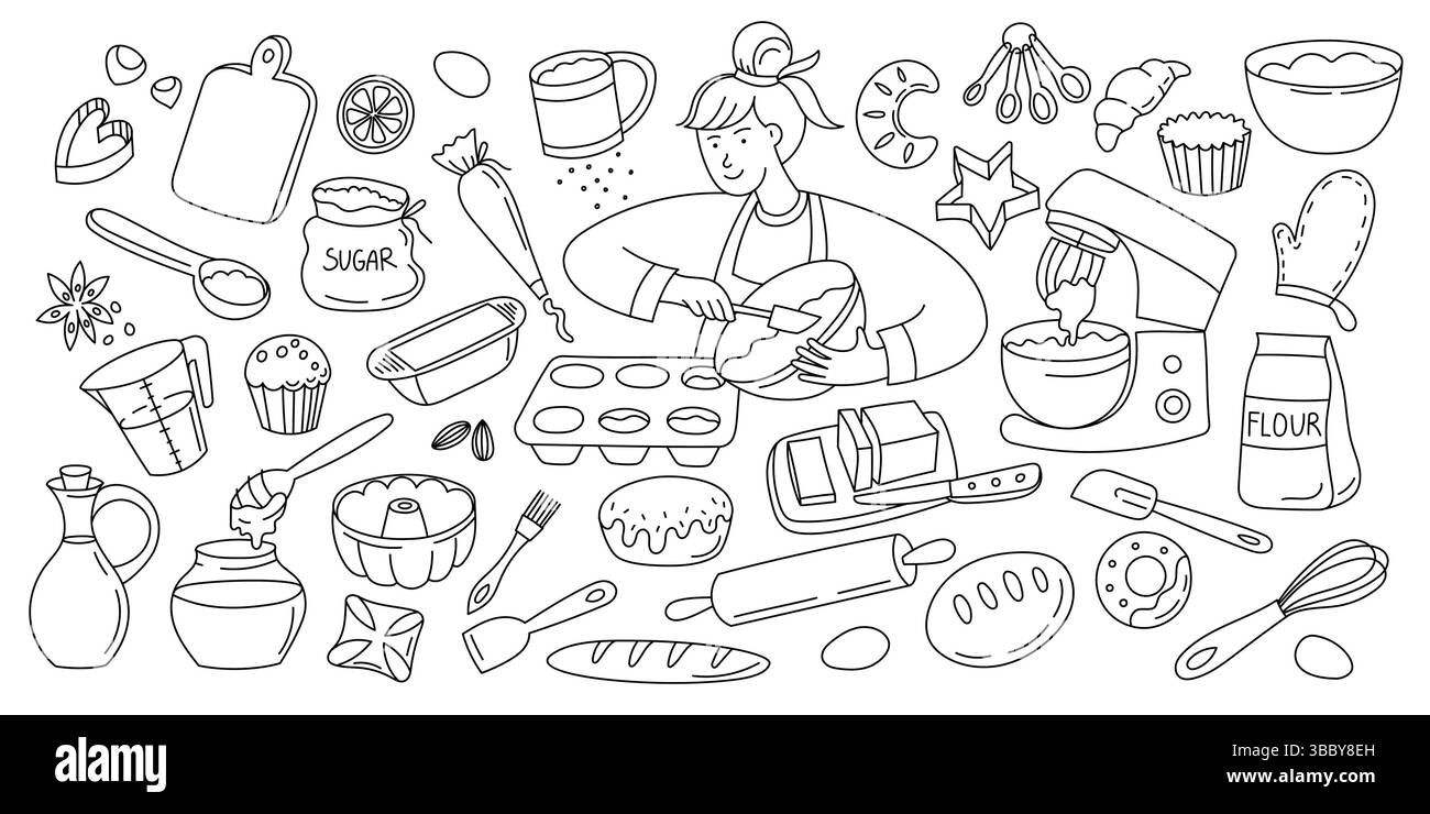Icone di cottura a doodle. Pane e biscotti da forno utensili e ingredienti, farina, zucchero uova, pasta, mattarello, elementi di pasticceria fatti in casa Illustrazione Vettoriale Icone di cottura a doodle. Pane e biscotti da forno utensili e ingredienti, farina, zucchero uova, pasta, mattarello, elementi di pasticceria fatti in casa Illustrazione Vettoriale