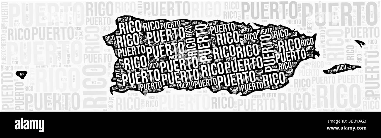 Le regioni di Porto Rico mappano Word cloud. Nomi delle regioni di Porto Rico. Design della mappa in bianco e nero. Elegante illustrazione vettoriale. Illustrazione Vettoriale