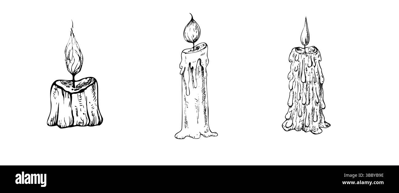 Set vettoriale di candele con stoppino e cera. Stile di illustrazione lineare a lume di candela dipinto a mano per il Natale o il compleanno. Grafica monocromatica Illustrazione Vettoriale
