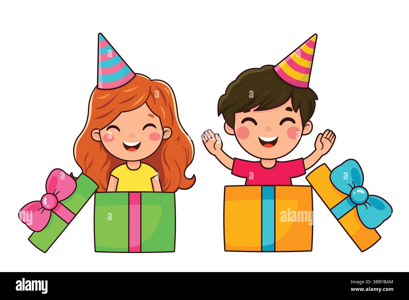 Carino ragazzo e ragazza dei cartoni animati. Design per le vacanze. Confezioni regalo. Clipart vettoriale Illustrazione Vettoriale