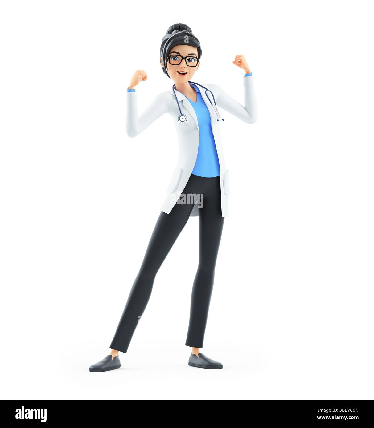 cartoni animati 3d medico che flessa i muscoli del braccio, illustrazione isolata su sfondo bianco Foto Stock cartoni animati 3d medico che flessa i muscoli del braccio, illustrazione isolata su sfondo bianco Foto Stock