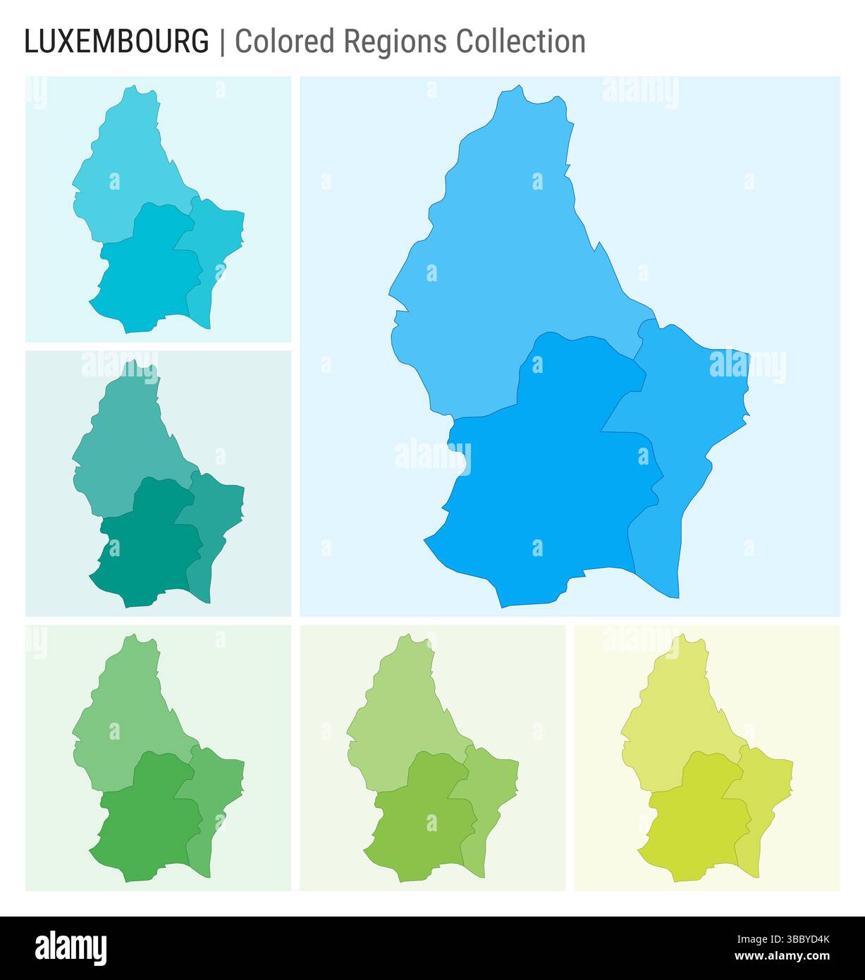 Collezione di mappe del Lussemburgo. Forma del paese con regioni colorate. Azzurro, ciano, verde, verde chiaro, tavolozze di colori lime. Illustrazione Vettoriale