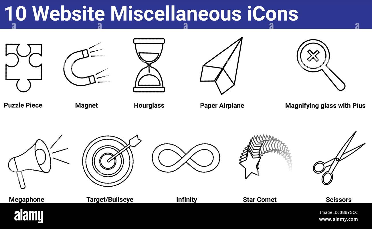 10 icone varie del sito Web - Puzzle Piece, magnete, clessidra e altro ancora Illustrazione Vettoriale