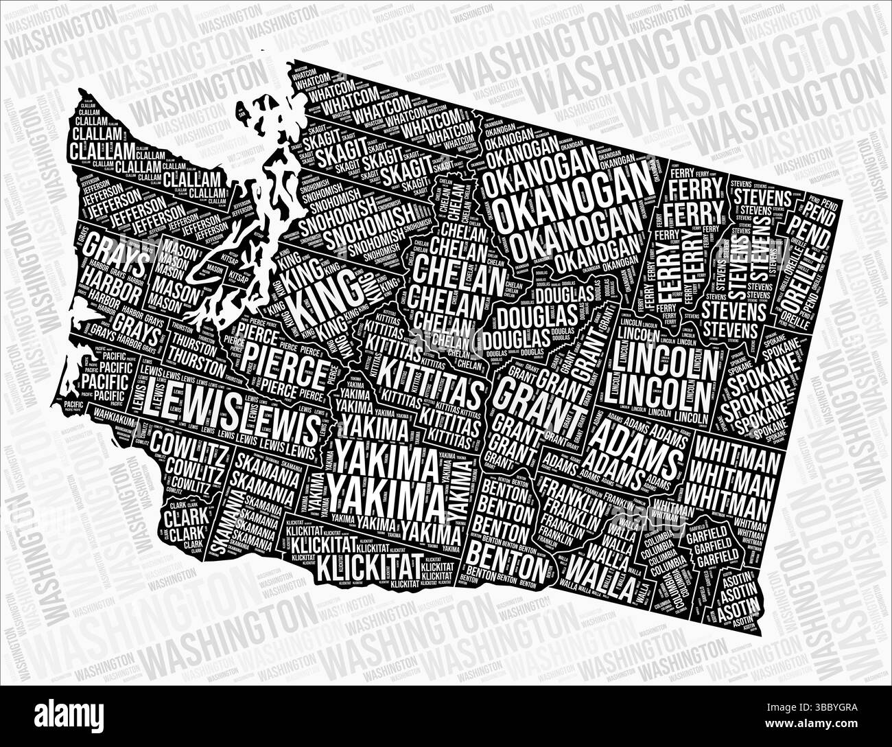 Le contee di Washington mappano la nuvola di parole. Nomi delle regioni di Washington. Design della mappa in bianco e nero. Incredibile illustrazione vettoriale. Illustrazione Vettoriale