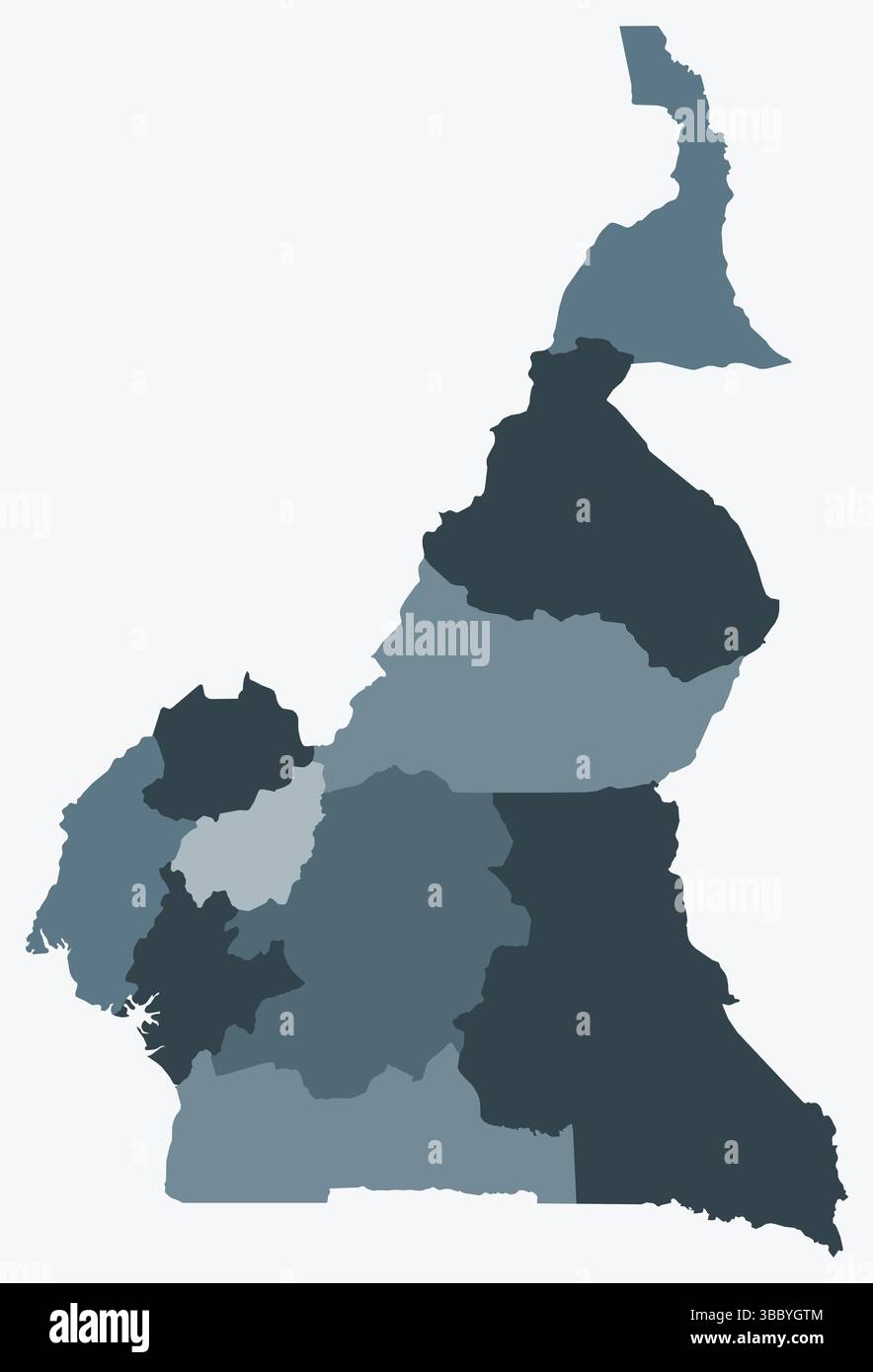 Mappa del Camerun con le regioni. Solo una semplice mappa di confine con la divisione della regione. Tavolozza dei colori blu/grigio. Illustrazione Vettoriale