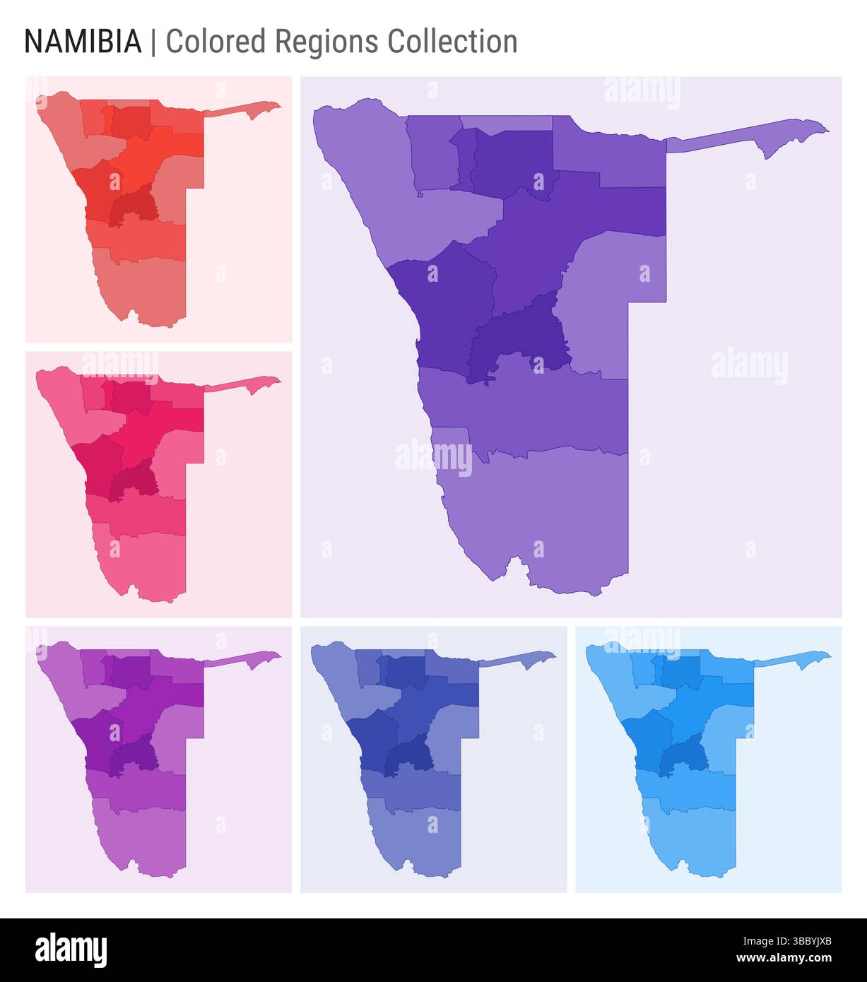 Raccolta di mappe della Namibia. Forma del paese con regioni colorate. Viola intenso, rosso, rosa, viola, indaco, tavolozze di colore blu. Illustrazione Vettoriale