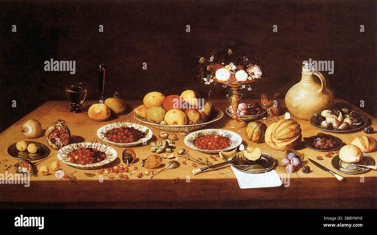 Jan van Kessel l'anziano, natura morta con frutta, cibo, tavola, fiori Foto Stock
