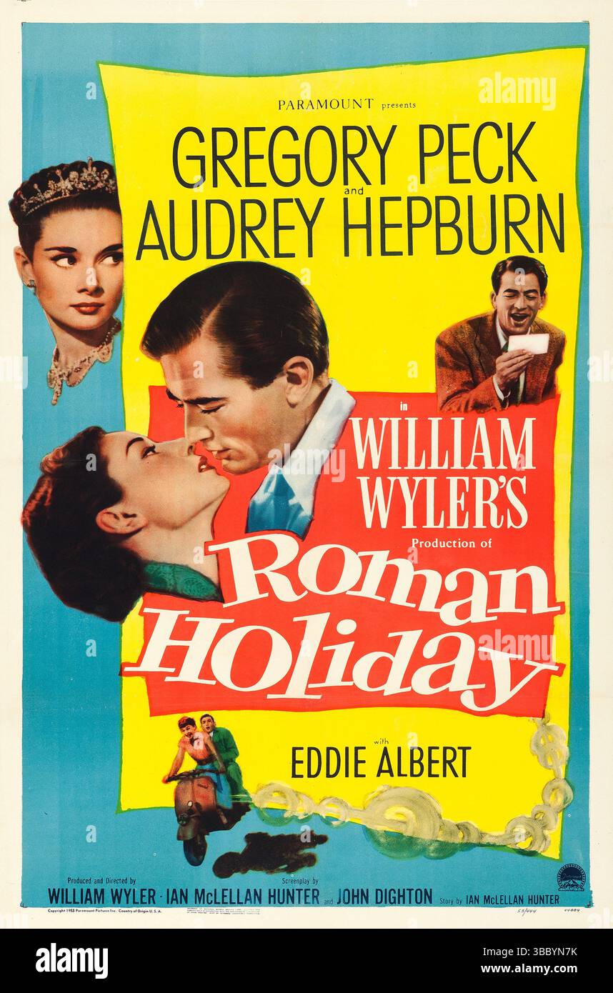 Poster teatrale per l'uscita americana del film commedia romantica americana Roman Holiday (1953). Roman Holiday è un film del 1953 diretto e prodotto da William Wyler. Audrey Hepburn interpreta Roma da sola e Gregory Peck reporter. Foto Stock