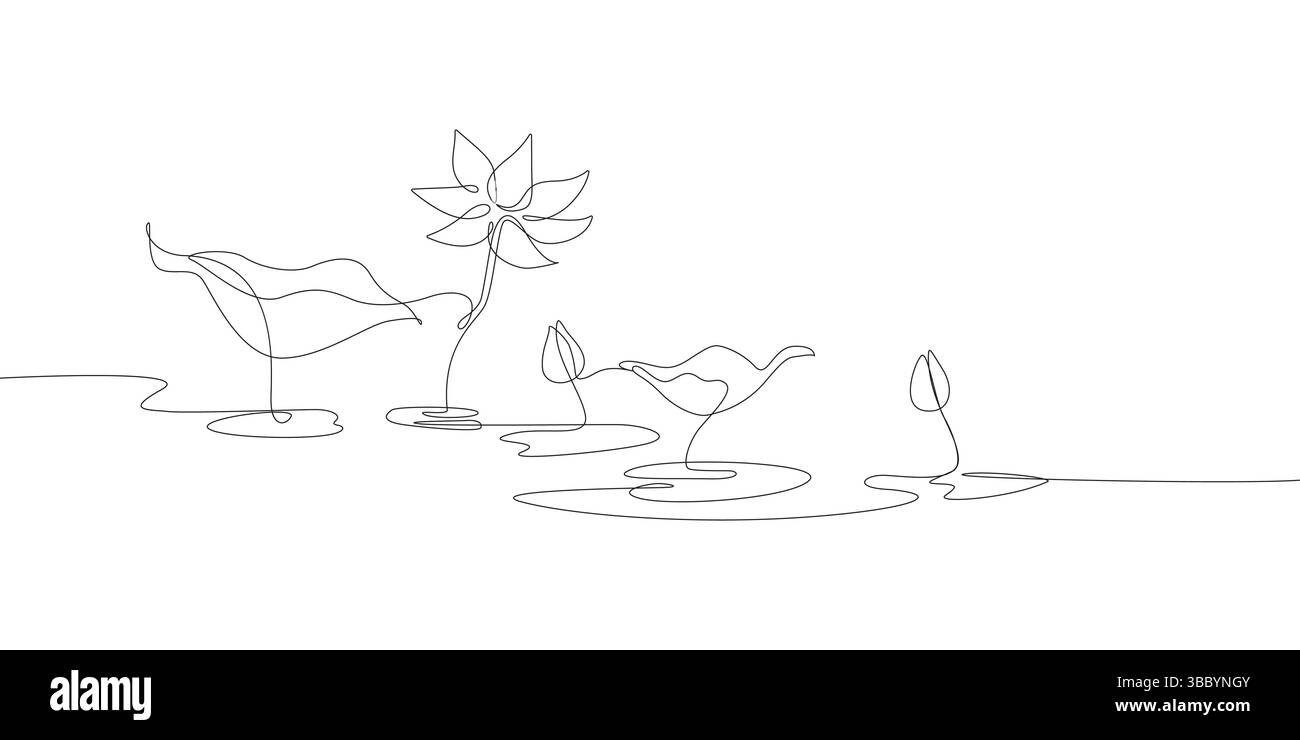 Continuo fiore di ninfee di loto e laghetto con foglie naturali scenografico di una linea che disegna arte minimalista Illustrazione Vettoriale